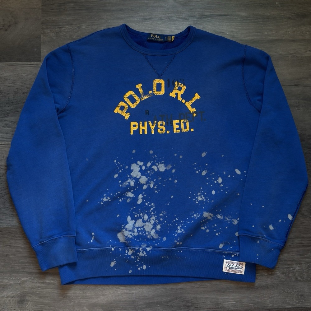 Polo Ralph Lauren Phys Ed Varsity Splatter Sweatshirt Mens L Blue Distressed